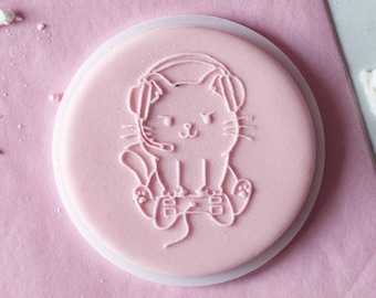 Cute Cat Gamer embosser cookie biscuit stamp cake decorating fondant icing.