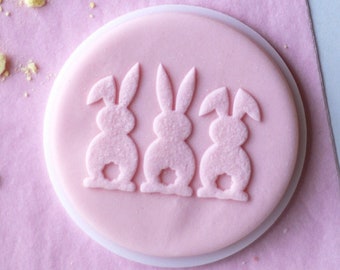 Three bunnies, cookie biscuit stamp, cake decorating, fondant icing.