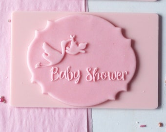 Baby shower with stork XL embosser, cookie biscuit stamp, cake decorating, fondant icing.