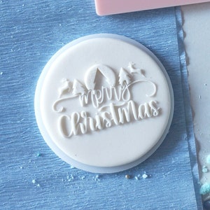 Merry christmas fawns inscription in leafs embosser, cookie biscuit stamp, cake decorating, fondant icing. image 1