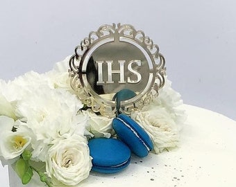 Cake Topper Elegant IHS | First Holy Communion | Baptism | IHS Host Holy Wafer Cake Topper