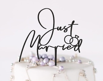 Cake Topper "Just Married + Wedding Rings" Version artistique | Topper de mariage artistique "Just Married + Alliances"