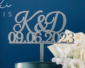 Personalized Cake Topper Wedding Initials Elegant Version + Any Date | Wedding Cake Topper With Initials | Initials On Cake