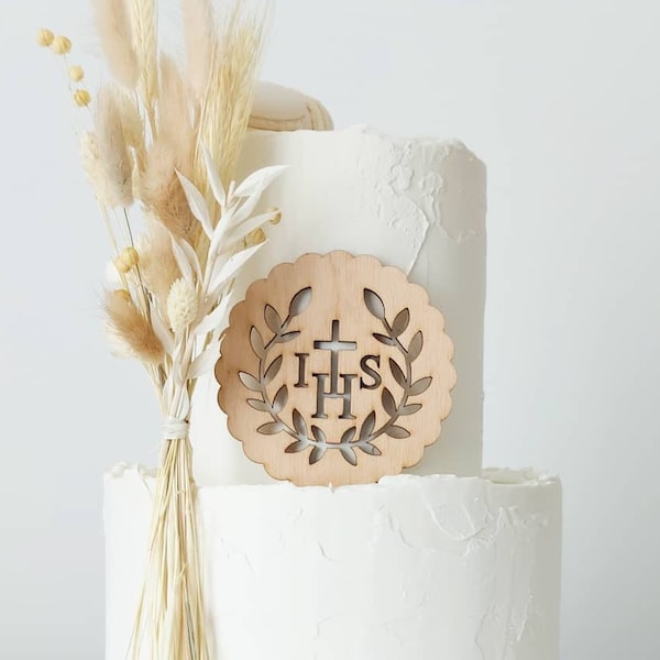 Cake Topper IHS in the leaves | First Holy Communion | Baptism | IHS Host Holy Wafer Cake Topper