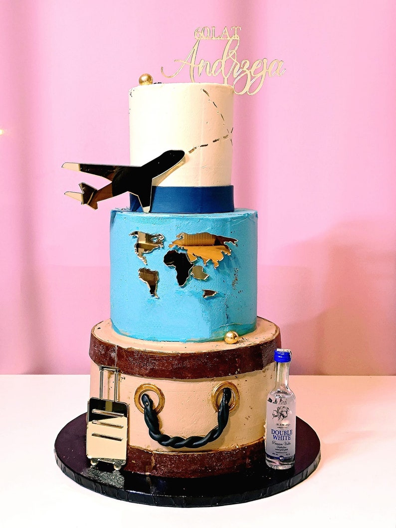 World map cake decor with airplane World map cake decoration Weltkarte für Torte Gold Cake Weltkarte Plexi gold World map image 2