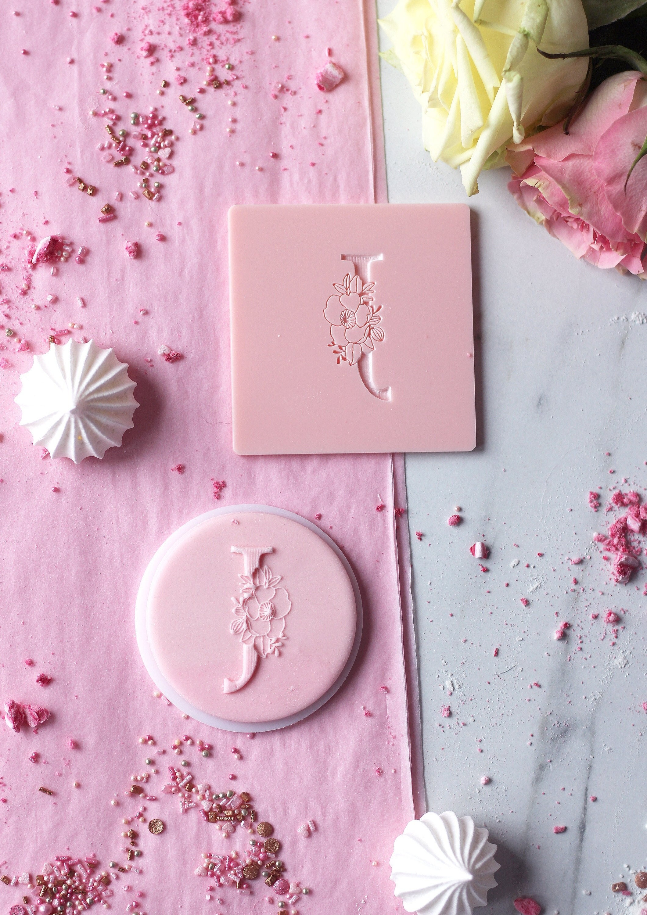 Floral J Letter embosser, cookie biscuit stamp, cake decorating, fondant icing.