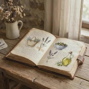 May include: An open vintage book featuring decorative stickers of a woven basket filled with lavender, sprigs of lavender, a bowl of green olives, and a glass cruet of olive oil. The pages contain handwritten cursive text in black ink.