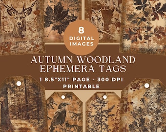 Autumn Woodland Tags: Rustic Fall Leaves Printable Ephemera for Junk Journals and Scrapbooking (Digital Download)