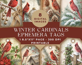 Efímera de cardenal de invierno, etiquetas vintage, efímera vintage, álbum de recortes digital, kit de diario basura, etiquetas de regalo de cardenal, etiquetas navideñas, JPG