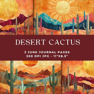 Pages de journal indésirable cactus, papier du sud-ouest, kit de journal indésirable, journal imprimable, papier numérique, orange, soleil, téléchargement numérique, cactus, JPG
