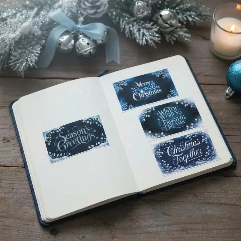 May include: An open notebook with blank pages featuring four rectangular stickers with dark blue backgrounds and white text. The stickers display the phrases Season's Greetings, Merry Christmas, Winter Wishes Frosted Dreams, and Christmas Together.