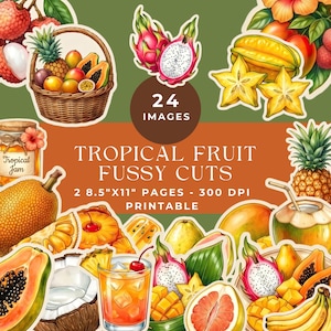 Könnte beinhalten: Eine Sammlung von tropischen Fruchtillustrationen mit einem geflochtenen Korb, Drachenfrucht, Sternfrucht, Ananas, Papaya, Kokosnuss und einem Glas Saft. Der Text lautet 24 IMAGES TROPICAL FRUIT FUSSY CUTS 2 SEITEN 21,6cm X 28cm - 300 DPI DRUCKBAR.