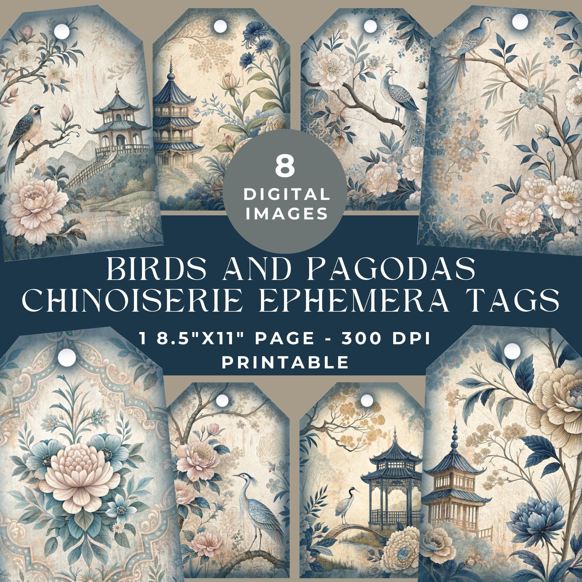 Birds and Pagodas Chinoiserie Ephemera Tags, Blue White Floral Vintage Ephemera, Flowers Gift Tags, Digital Scrapbook, Junk Journal Kit