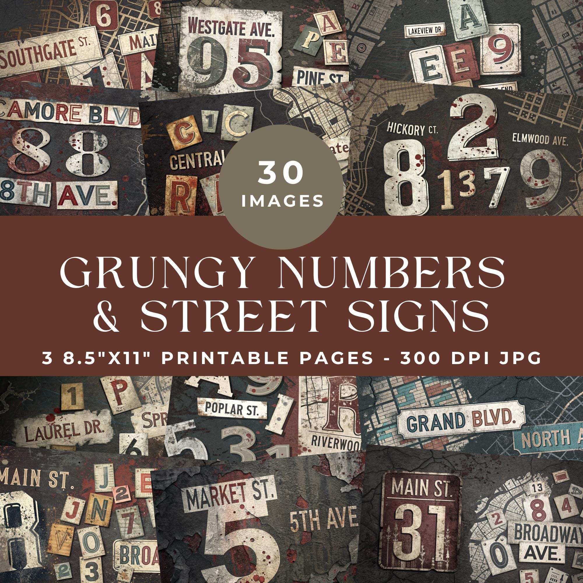 Grungy Street Signs Junk Journal Words, Grunge Numbers Labels, Junk ...