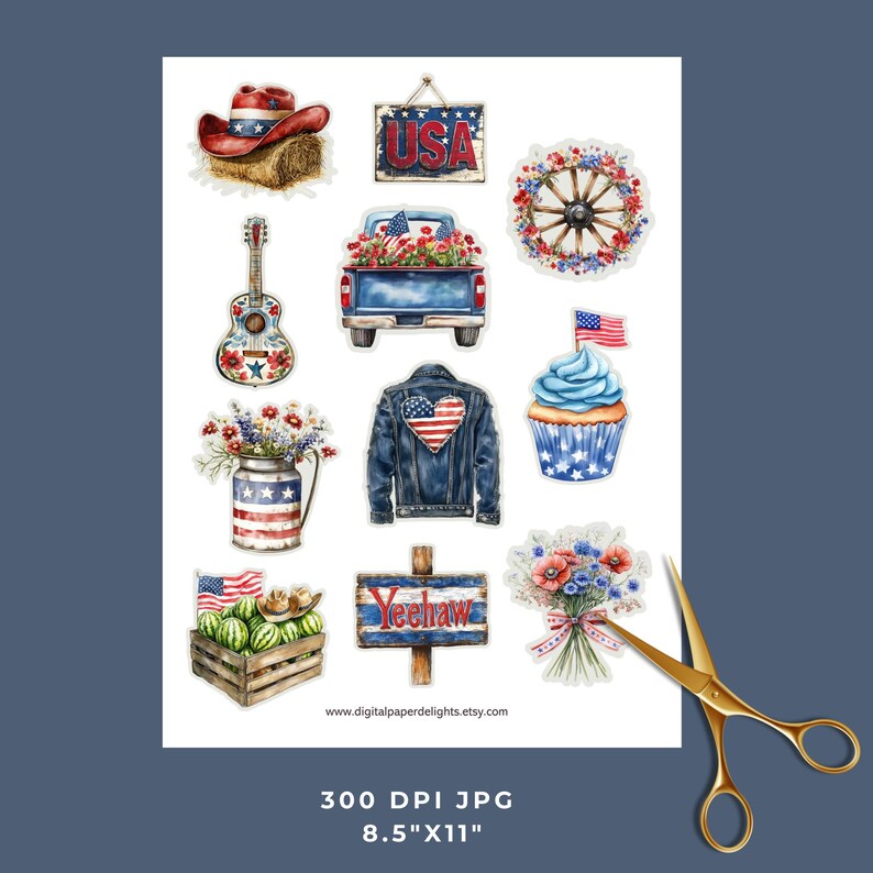 May include: A collection of patriotic-themed stickers featuring a cowboy hat, a guitar, a denim jacket with a heart-shaped American flag, a cupcake, and a wooden sign that says "Yeehaw". The stickers are in red, white, and blue.