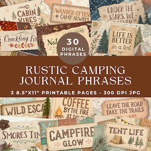 Palabras para diario de acampada, frases rústicas de fogata, collage de naturaleza veraniega, efímeras imprimibles, kit para diario de acampada, scrapbooking digital