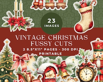 May include: A collection of 23 vintage Christmas fussy cut images on two 21.6cm x 27.9cm pages, featuring a train, stocking, poinsettias, candles, tree, sleigh, gifts, mailbox, bells, ornaments, clock, and nutcracker with the text 23 IMAGES VINTAGE CHRISTMAS FUSSY CUTS.