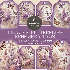 Etiquetas efímeras de lilas y mariposas, efímera vintage de mariposas moradas, scrapbooking digital floral de primavera, kit de diario basura con flores brillantes