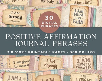 May include: A collection of 30 digital positive affirmation journal phrases on three 8.5"x11" printable pages. The design features vintage-style labels with text including I Am Strong, I Am Abundant, I Am Enough, and I Am Creative on floral backgrounds.