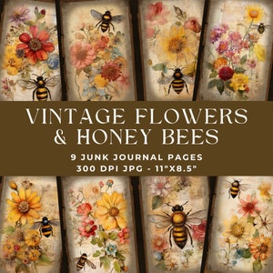 Honey Bee Junk Journal Kit, Honey Bees Junk Journal Pages, Floral Junk Journal, Printable Junk Journal, Vintage Junk Journal, Digital Paper