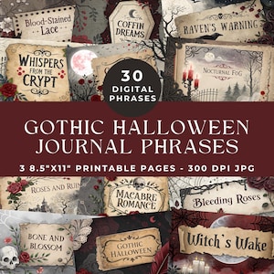 Gothic Halloween Junk Journal Words, Goth Word Phrases, Halloween Collage Sheet, Printable Ephemera, Junk Journal Kit, Digital Scrapbooking
