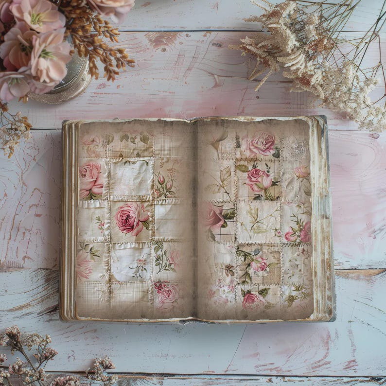 May include: An open book with pages featuring a grid of square fabric patches. The patches display various floral patterns with pink roses, green leaves, and beige plaid designs. The edges of the pages appear aged and worn with a sepia-toned finish.