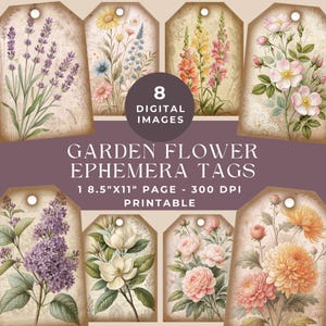 Flower Garden Ephemera Tags, Vintage Ephemera, Digital Scrapbooking, Flower Ephemera Printable, Spring Floral Gift Tags, Junk Journal Kit