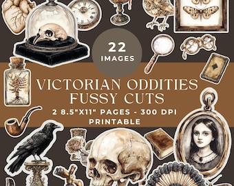 Puede incluir: Una colección de 22 recortes de papel de temática victoriana que incluye un cráneo humano, un cuervo sobre un pedestal, un reloj de bolsillo, un corazón, un pájaro, un microscopio, un abanico, un retrato en un relicario, un cráneo bajo una cúpula de cristal y el texto 22 IMAGES VICTORIAN ODDITIES FUSSY CUTS 2 8.5"X11" PAGES - 300 DPI PRINTABLE.