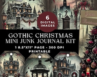 Puede incluir: Un kit de mini diario de chatarra de Navidad gótica con 6 imágenes digitales en una página de 8.5"x11" a 300 DPI. La colección imprimible muestra escenas oscuras y nevadas de mansiones victorianas, cementerios, puertas de hierro y árboles.
