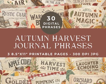 Autumn Harvest Junk Journal Words, Fall Journal Phrases, Junk Journal Printable, Printable Ephemera, Digital Scrapbooking Words and Phrases
