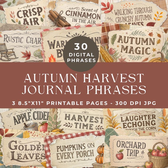 Autumn Harvest Junk Journal Words, Fall Journal Phrases, Junk Journal Printable, Printable Ephemera, Digital Scrapbooking Words and Phrases