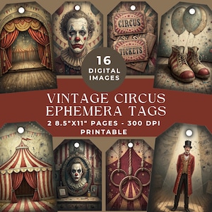 Vintage kortstondige circustags, kortstondige circus, digitale scrapbooking, afdrukbare kortstondige, ongewenste dagboekkit, vintage carnaval cadeaukaartjes JPG