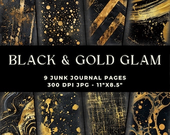 Black and Gold Junk Journal Pages, Junk Journal Kit, Printable Journal, Digital Download, Glam Pages, Scrapbooking Paper, Abstract, JPG