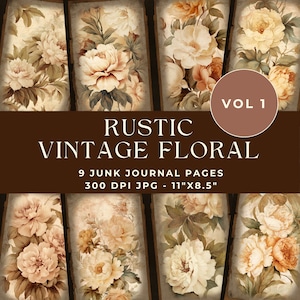 Rustic Vintage Floral Junk Journal Pages, Digital Paper, Printable Ephemera Paper Craft, Victorian Scrapbook Paper, Roses, Peonies, JPG