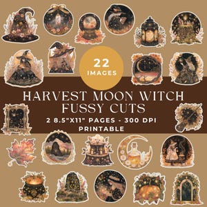 Harvest Moon Witch Fussy Cut Ephemera Pages, Fall Halloween Fussy Cuts, Junk Journal Kit, Witchy Autumn Ephemera, Printable Digital Download