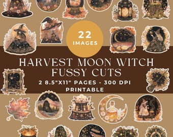 Harvest Moon Witch Fussy Cut Ephemera Pages, Fall Halloween Fussy Cuts, Junk Journal Kit, Witchy Autumn Ephemera, Printable Digital Download