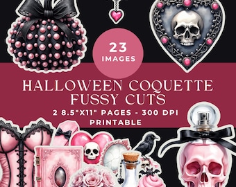 Recortes delicados de Halloween rosa e preto: Arquivo digital imprimível para diário de arte.
