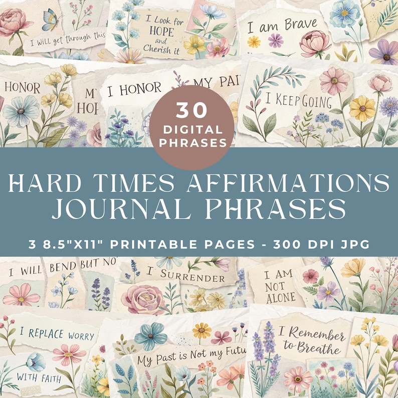 Pode incluir: 30 p&aacute;ginas de di&aacute;rio imprim&iacute;veis com designs florais e afirma&ccedil;&otilde;es positivas. As p&aacute;ginas medem 8,5 polegadas por 11 polegadas e s&atilde;o arquivos JPG de 300 DPI. Algumas das afirma&ccedil;&otilde;es incluem "Eu vou superar isso", "Eu procuro esperan&ccedil;a e a valorizo", "Eu sou corajoso", "Eu continuo", "Eu vou me curvar, mas n&atilde;o vou quebrar", "Eu me rendo", "Eu n&atilde;o estou sozinho", "Eu substituo a preocupa&ccedil;&atilde;o pela f&eacute;", "Meu passado n&atilde;o &eacute; meu futuro", e "Eu me lembro de respirar".