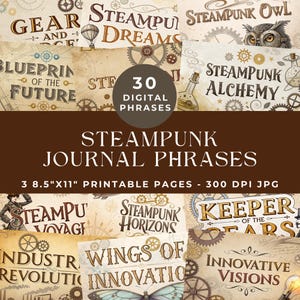 Palavras e frases steampunk, palavras de diário de lixo, palavras para impressão, colagem, itens vintage, scrapbooking digital, arte de palavras steampunk, JPG