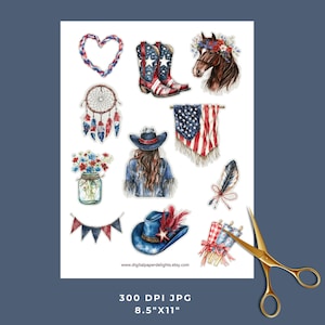 May include: A collection of watercolor illustrations featuring Americana and Western themes. Includes cowboy boots, a horse with a floral crown, a dreamcatcher, a cowgirl, a heart, a hat, a flag, and other decorative elements. The image is 8.5"x11".