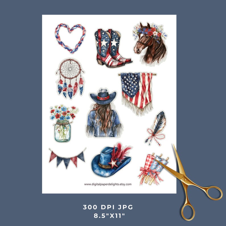 May include: A collection of watercolor illustrations featuring Americana and Western themes. Includes cowboy boots, a horse with a floral crown, a dreamcatcher, a cowgirl, a heart, a hat, a flag, and other decorative elements. The image is 8.5"x11".