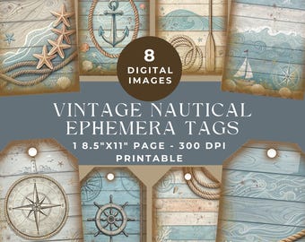 Vintage Nautical Ephemera Tags, Vintage Ephemera, Digital Scrapbooking, Ephemera Printable, Beach Gift Tags, Junk Journal Kit, Ocean JPG