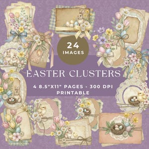 Può includere: Una collezione di 24 immagini stampabili a tema Pasqua. Le immagini presentano disegni in stile vintage con coniglietti, uova, fiori e nastri. Il testo sull'immagine recita "Easter Clusters" e "4 pagine 8,5"x11" - 300 DPI Stampabile".