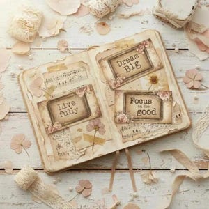 May include: An open scrapbook featuring vintage-style paper pages decorated with lace, pressed flowers, and musical notation. Three rectangular cards are attached, displaying the printed text: Dream Big, Live fully, and Focus on the good.