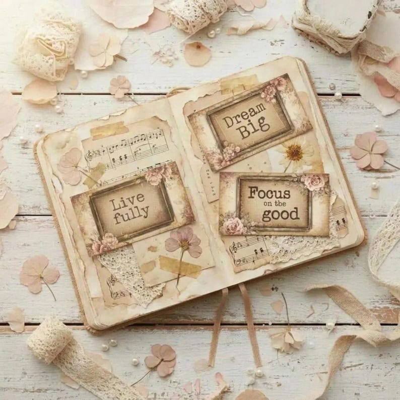 May include: An open scrapbook featuring vintage-style paper pages decorated with lace, pressed flowers, and musical notation. Three rectangular cards are attached, displaying the printed text: Dream Big, Live fully, and Focus on the good.