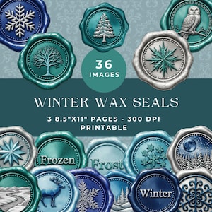 May include: A collection of 36 digital winter wax seals featuring various designs including snowflakes, trees, an owl, a deer, and landscapes in shades of blue and teal. The text reads 36 IMAGES, WINTER WAX SEALS, 3 8.5"X11" PAGES - 300 DPI PRINTABLE, Frozen, Frost, and Winter.