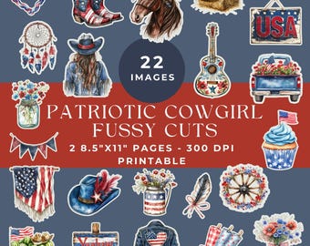 Patriotic Cowgirl Fussy Cut Pages, 4th of July Embellishments for Junk Journals, Junk Journal Kit, Printable Ephemera, Digital Scrapbooking