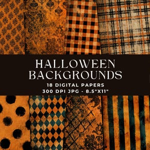 May include: A collection of 18 digital Halloween-themed background papers. The papers feature various patterns, including orange and black plaid, damask, polka dots, and stripes. The image includes the text "Halloween Backgrounds" and the dimensions 8.5"x11".