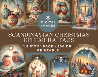 Scandinavian Christmas Printable Ephemera Tags: Nordic Holiday Gift Tags, Digital Scrapbooking, Junk Journal Kit, Digital Download