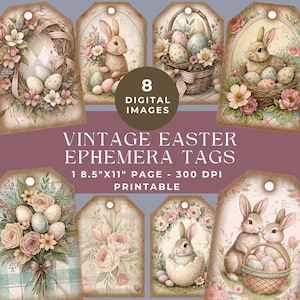 Puede incluir: Ocho etiquetas de Pascua vintage imprimibles con conejos, huevos, cestas y diseños florales. Las etiquetas miden 8,5 pulgadas por 11 pulgadas y 300 DPI.